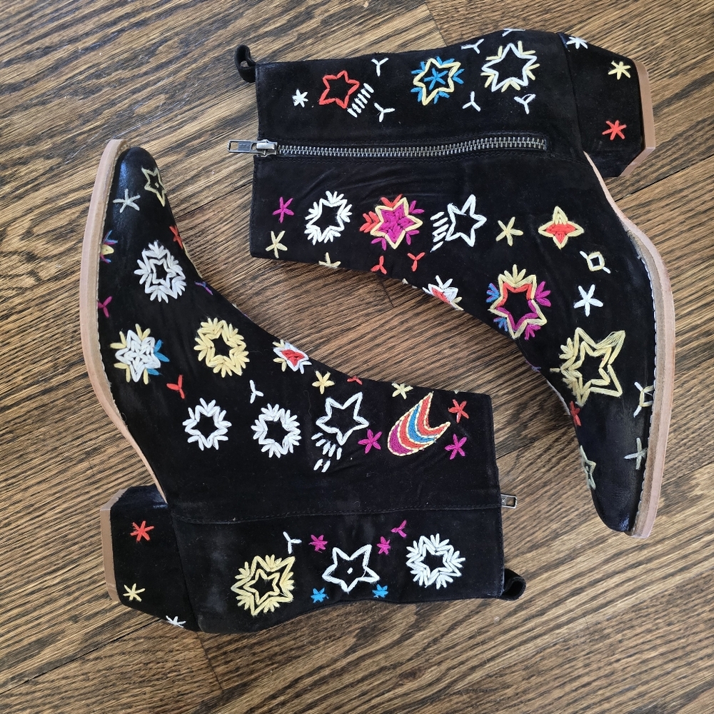 NEW FP Black Suede Celestial Star boho Embroidered Western Festival Ankle Boot - Picture 7 of 12